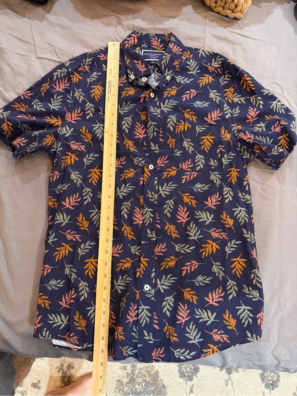 Charles Tyrwhitt Casual Short-Sleeve Navy Leaf Print Button-Down Shirt